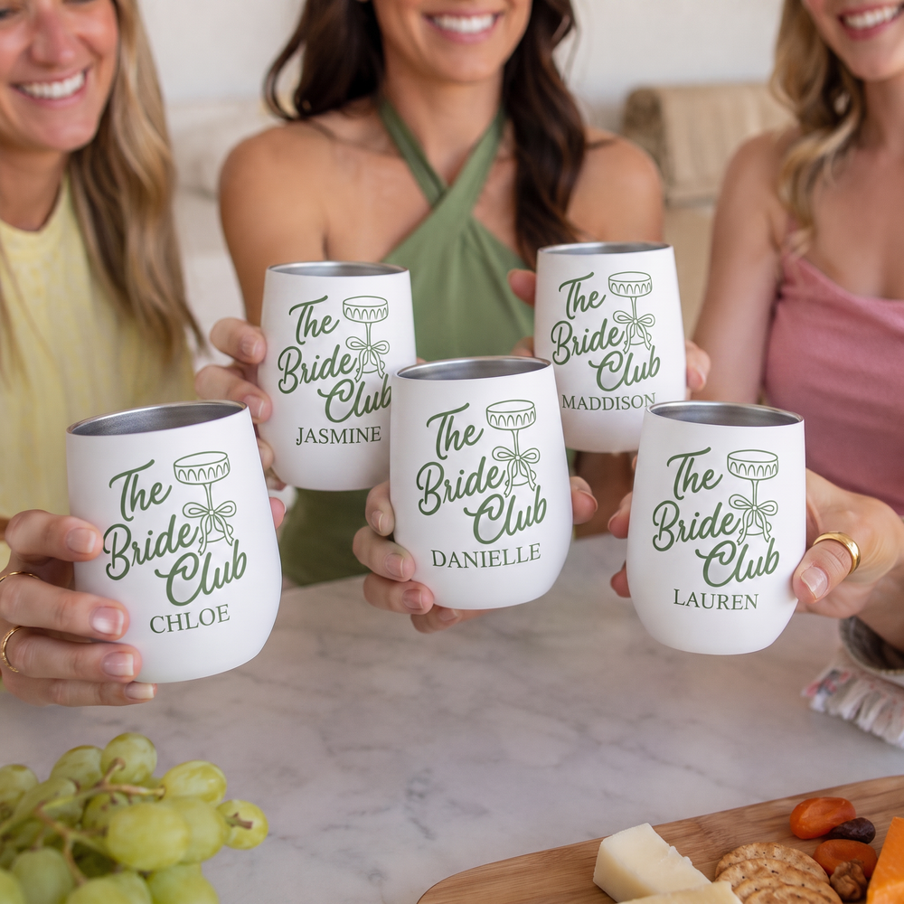 The Bride Club wine tumbler personalised with each name, bridal shower gift