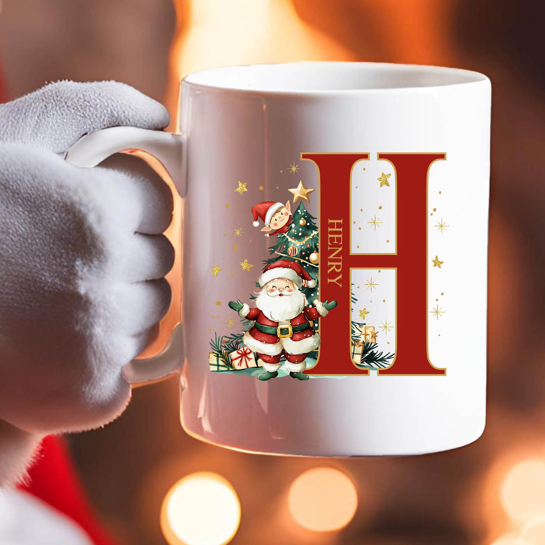 personalised Christmas mug featuring Santa and Christmas tree design