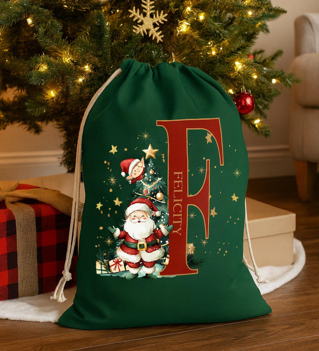 Santa and elf Christmas sack with custom name