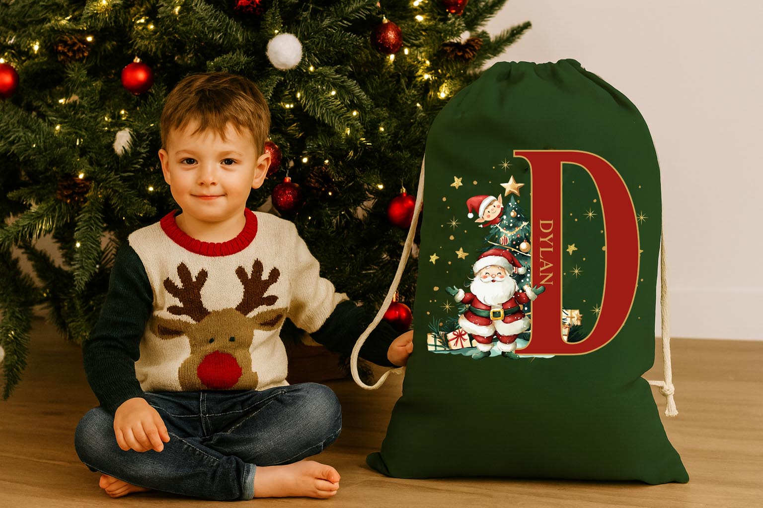 Festive kids Christmas drawstring sack custom name
