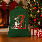 Custom holiday drawstring bag with Santa design next to Christmas presents