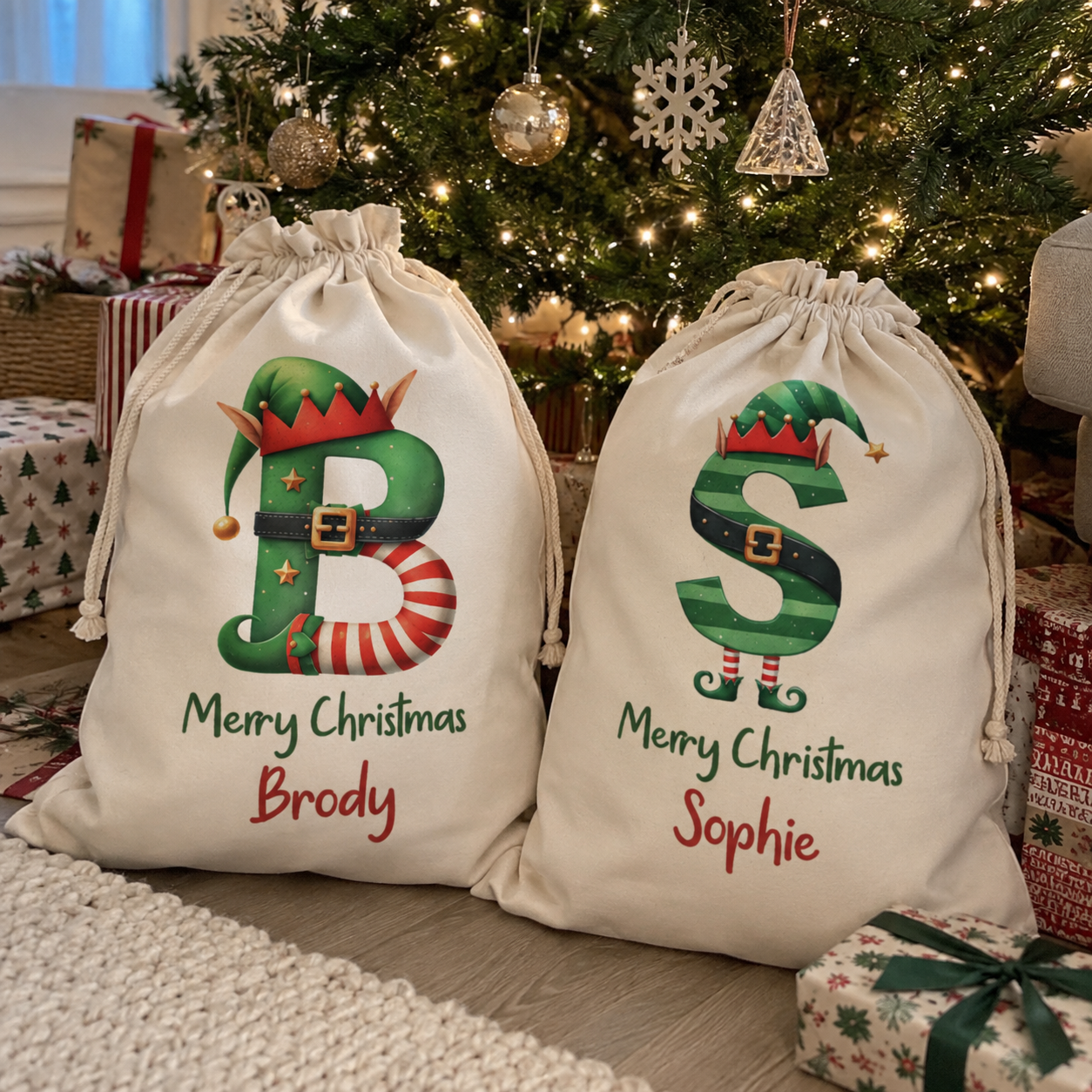Personalised elf alphabet initial Santa sack, roomy sack for Christmas morning - The Custom Co