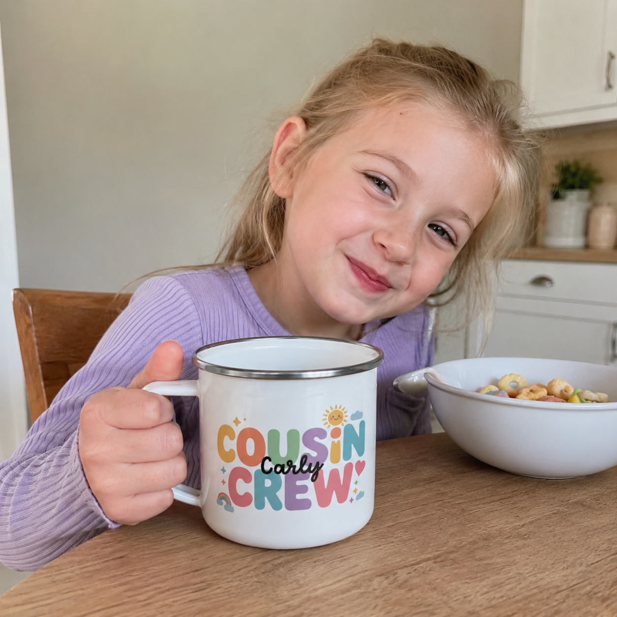 Matching Sunshine Cousin Crew enamel mug for the cousins - The Custom Co