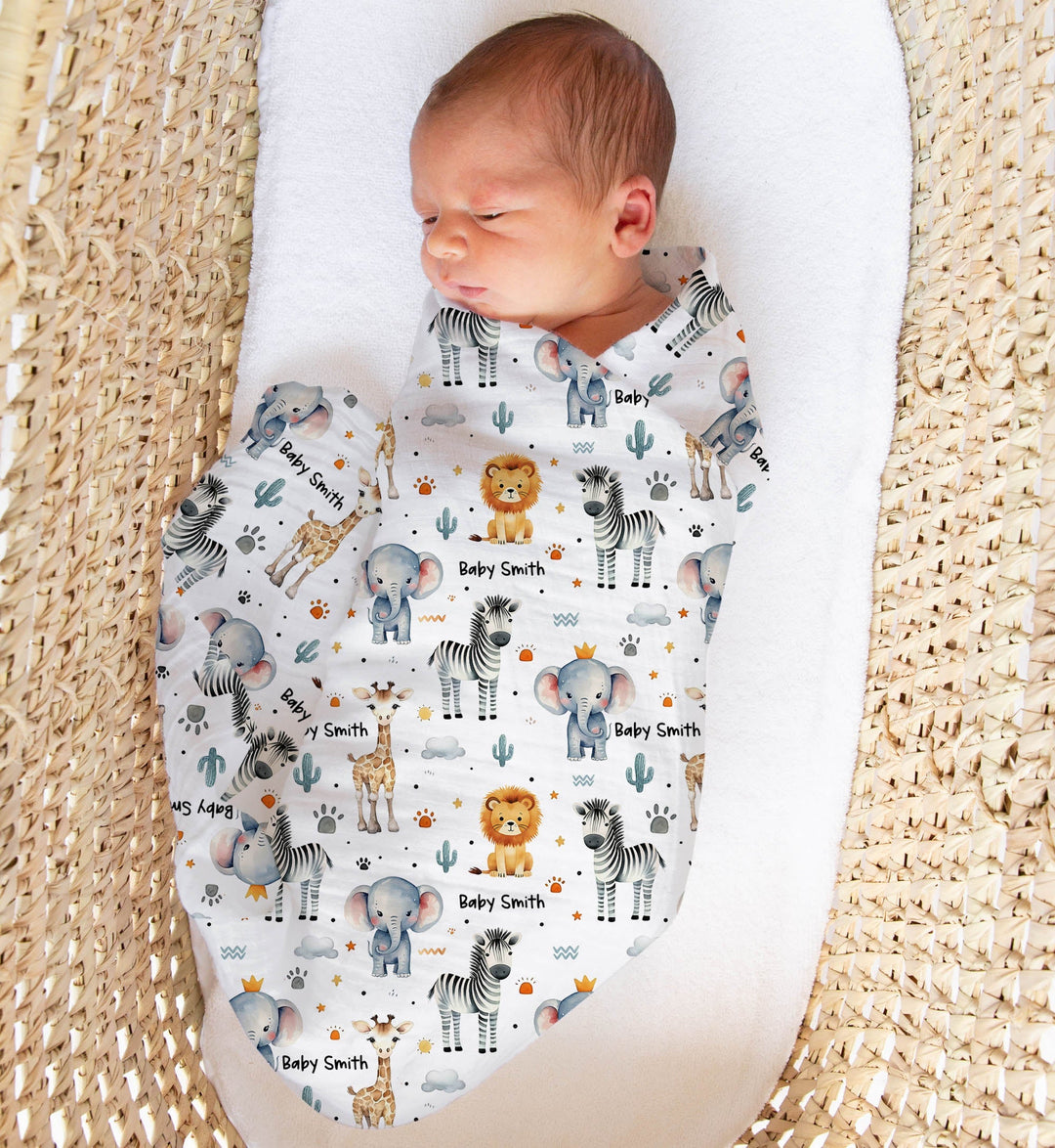 Personalised muslin swaddle wrap with baby name, soft breathable fabric, 120x120cm size for newborns and babies