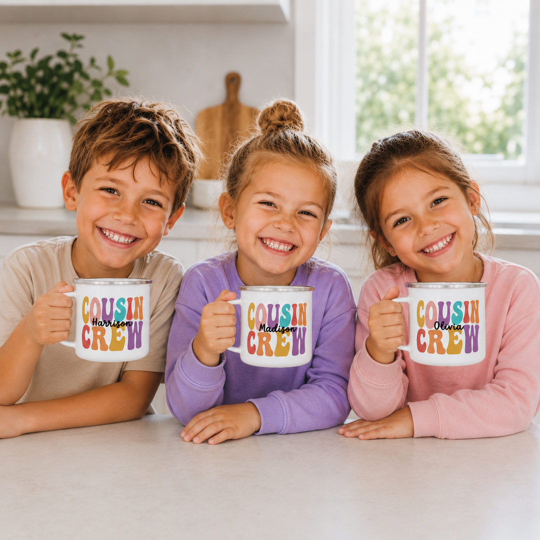 Personalised Cousin Crew Enamel Mug