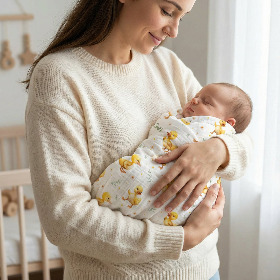 Personalised muslin swaddle wrap with baby name, soft breathable fabric, 120x120cm, ideal for newborns and gifts
