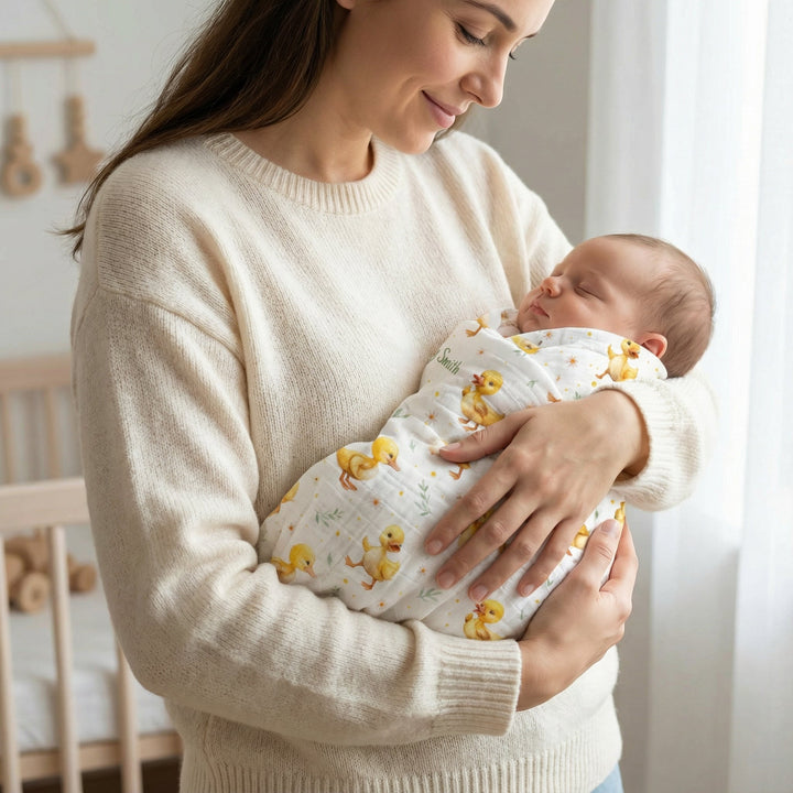 Personalised muslin swaddle wrap with baby name, soft breathable fabric, 120x120cm, ideal for newborns and gifts