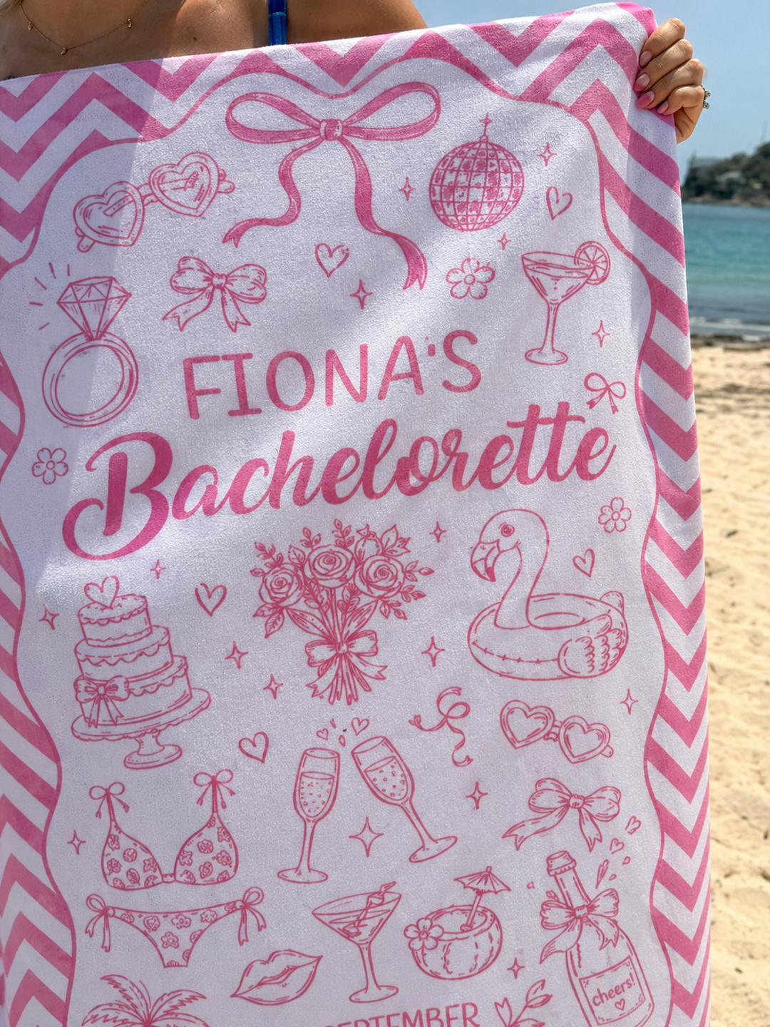 Bachelorette Party personalised beach towel with custom names - The Custom Co
