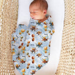 Personalised muslin swaddle wrap with baby name, soft breathable fabric, 120x120cm size for newborns and babies.