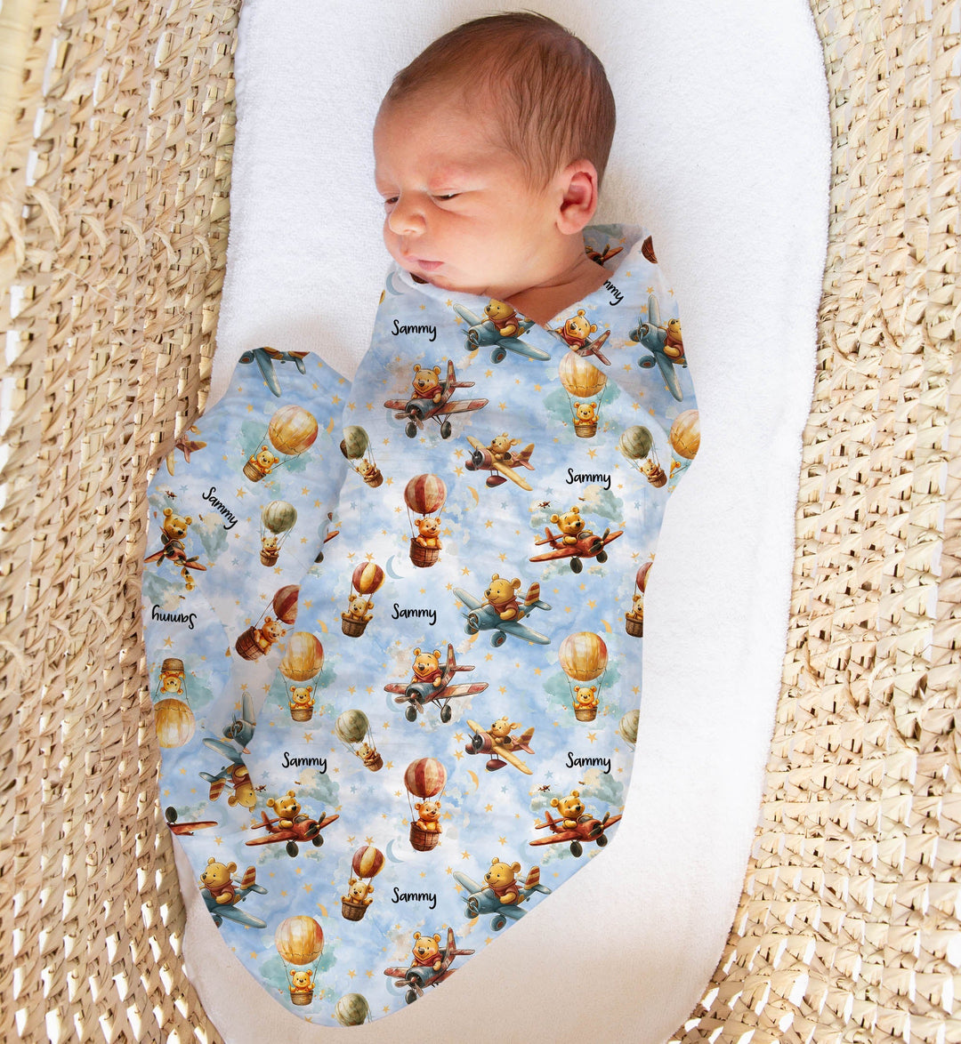 Personalised muslin swaddle wrap with baby name, soft breathable fabric, 120x120cm size for newborns and babies.