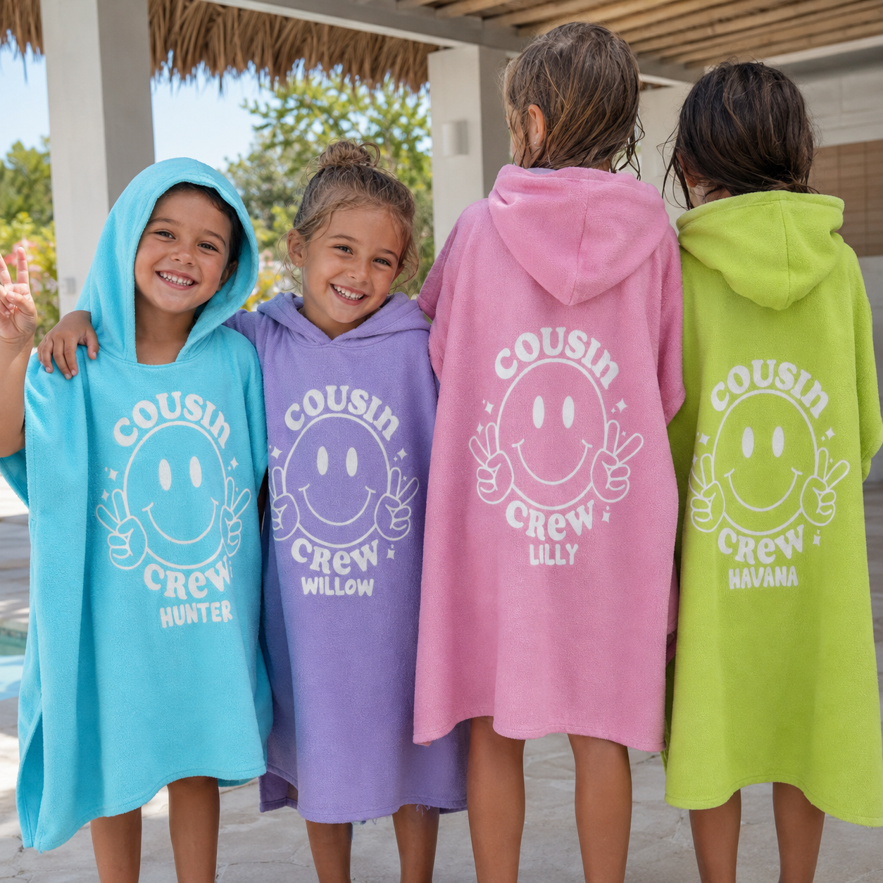 Personalised Peace Out Cousin Crew hooded towel name print detail