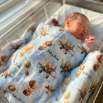 Personalised muslin swaddle wrap with baby name, soft breathable fabric, 120x120cm, perfect for newborn comfort and gifting