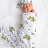 Close-up of custom name printed on personalised baby swaddle blanket by The Custom Co. baby chameleon