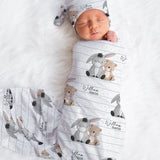baby swaddle with bear and donkey featuring custom name