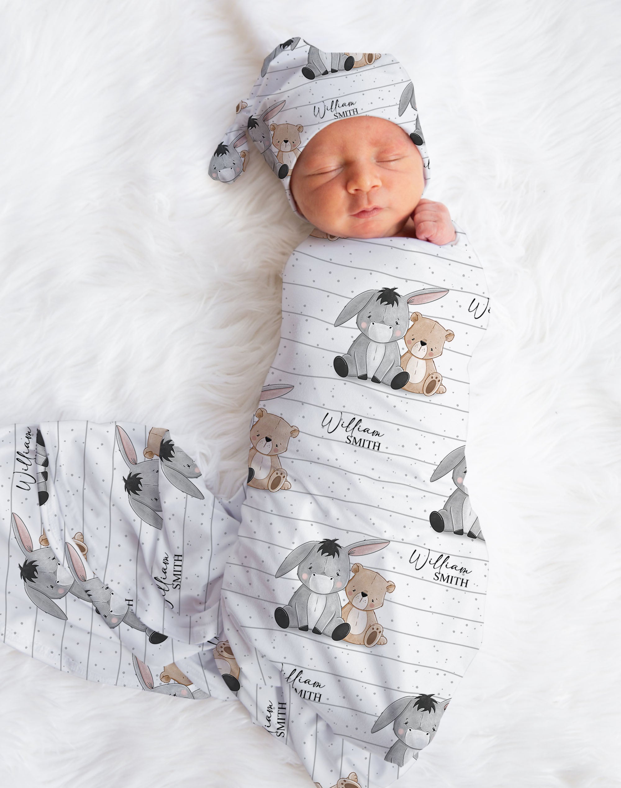 baby swaddle with bear and donkey featuring custom name