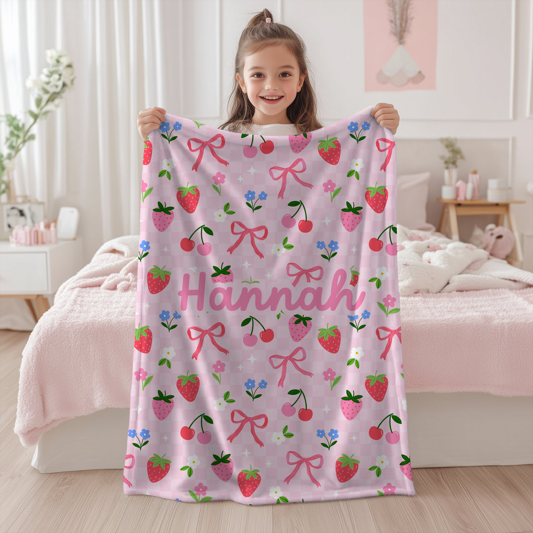 Personalised Strawberry & Cherry Blanket – Cute Pink Design for Kids
