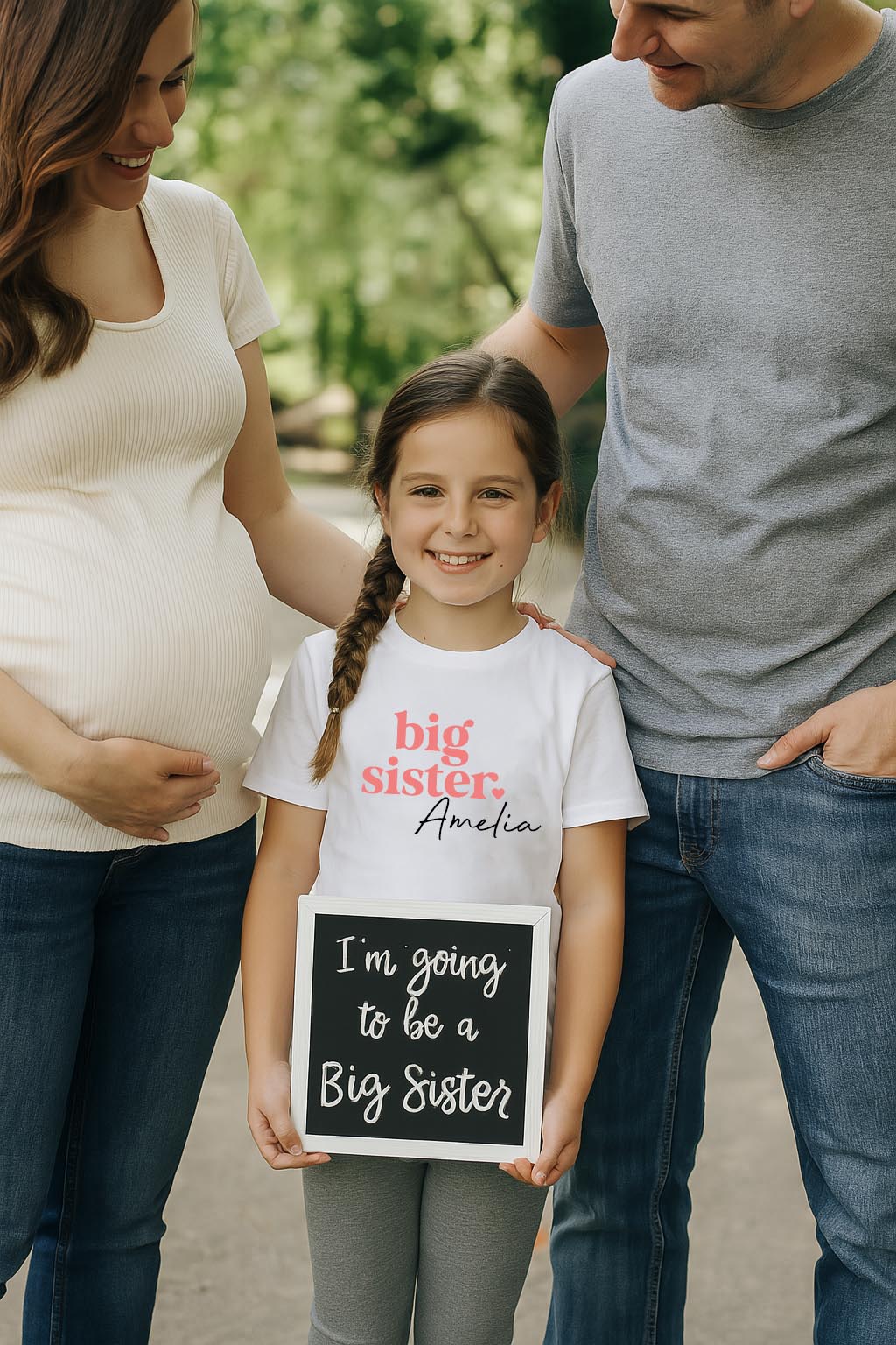 White Big Sister T-Shirt on hanger – custom kids' clothing for pregnancy announcements and big sister gifts
