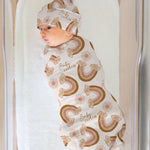 Personalised baby swaddle and beanie gift set, perfect for baby showers and newborn gifts