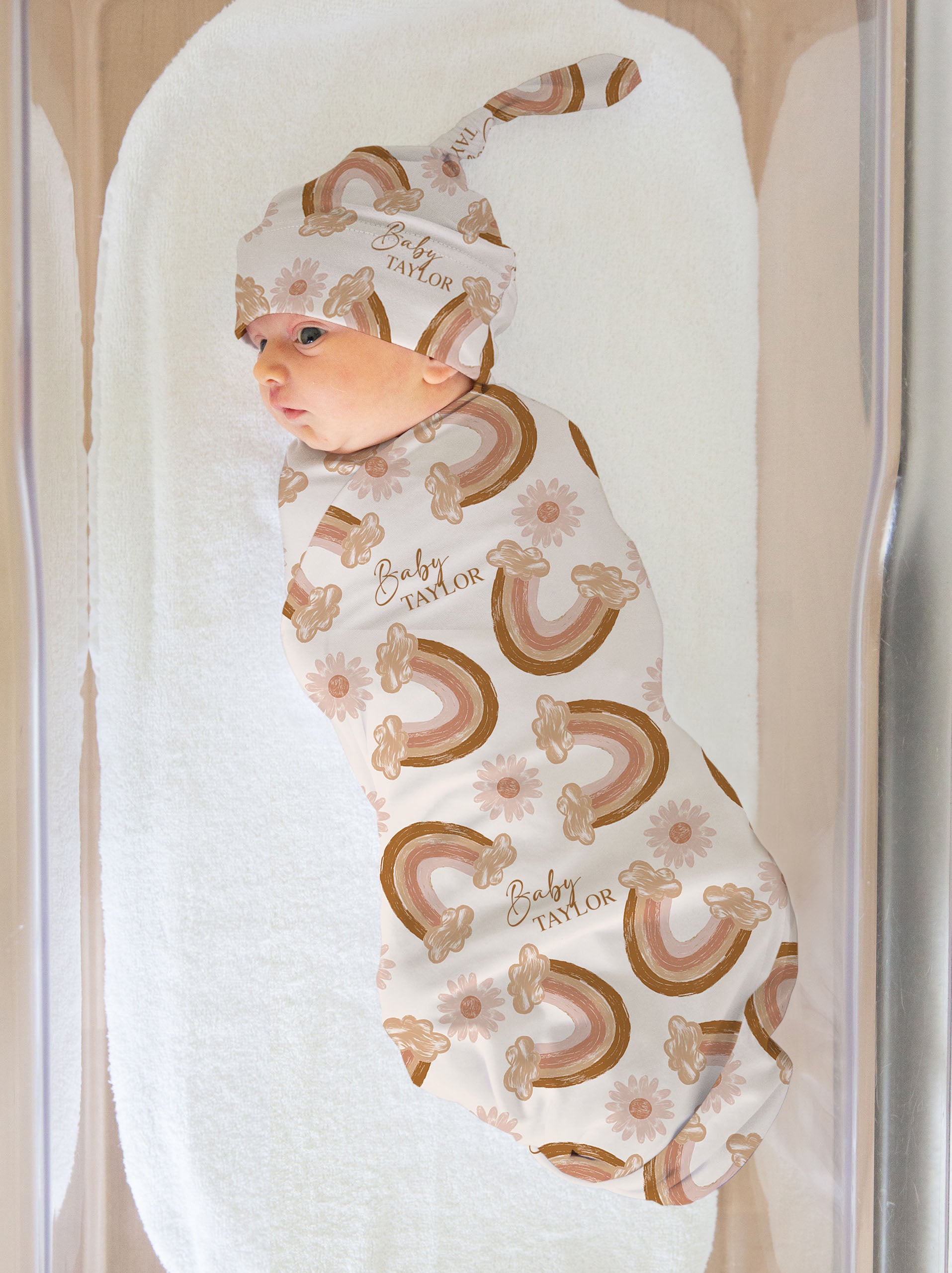 Personalised baby swaddle and beanie gift set, perfect for baby showers and newborn gifts