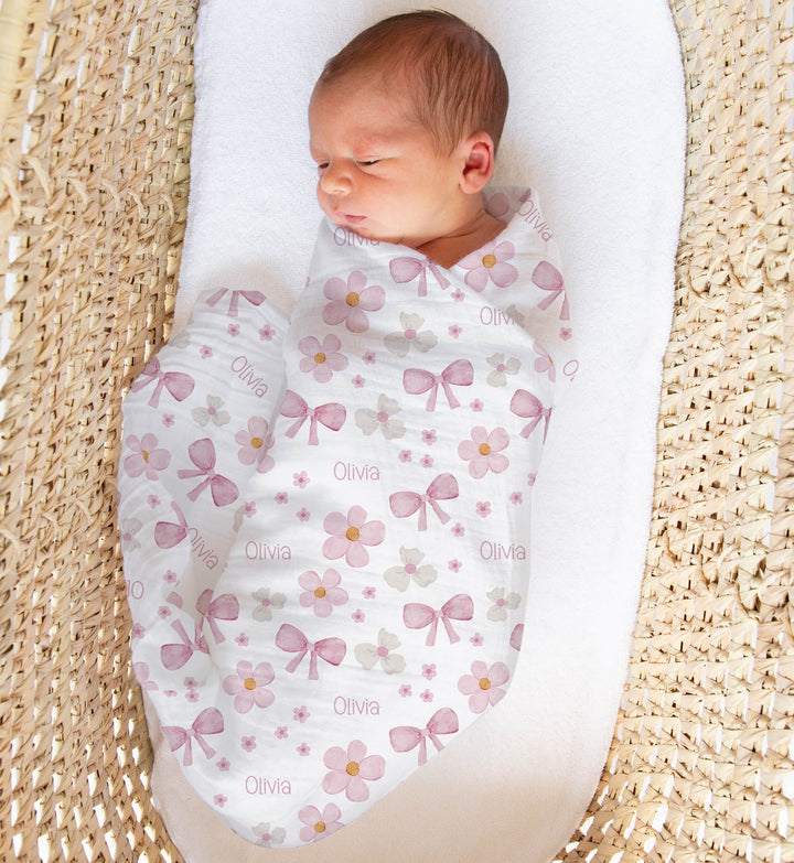 Personalised muslin swaddle wrap with baby name, soft breathable fabric, 120x120cm, perfect for newborns and gifting