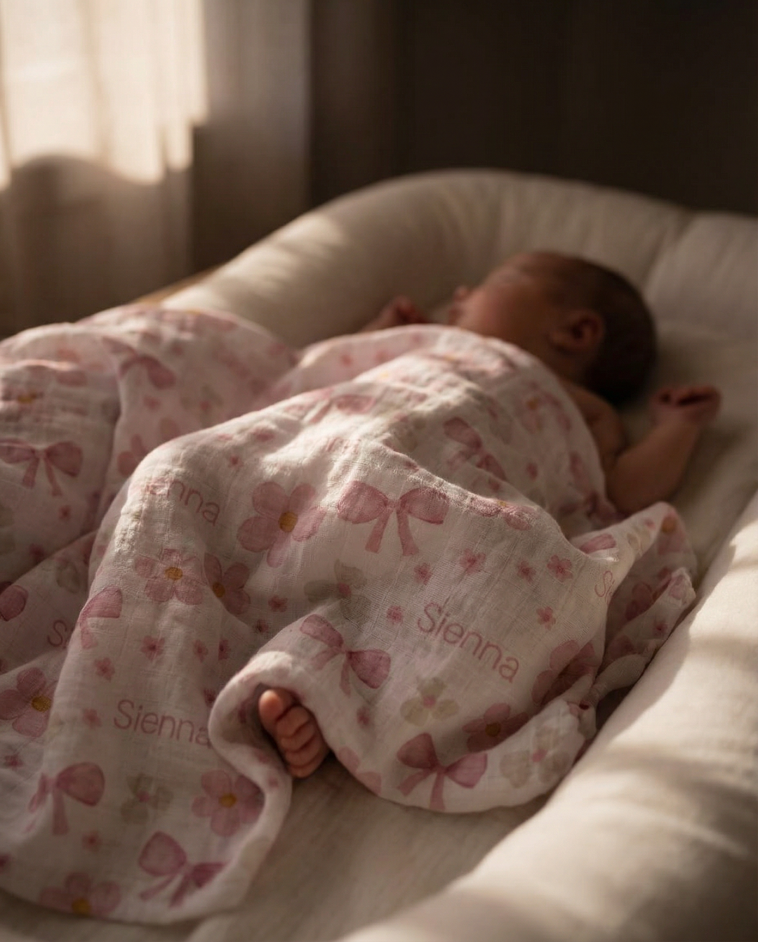 Personalised muslin swaddle wrap with baby name, soft breathable fabric, 120x120cm, perfect for newborns and cuddles