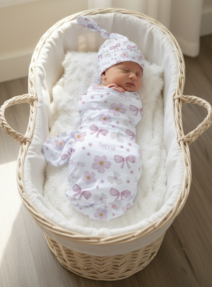floral swaddle blanket and beanie with custom name
