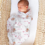 Personalised muslin swaddle wrap with baby name, soft breathable fabric, 120x120cm size, perfect for newborns and babies