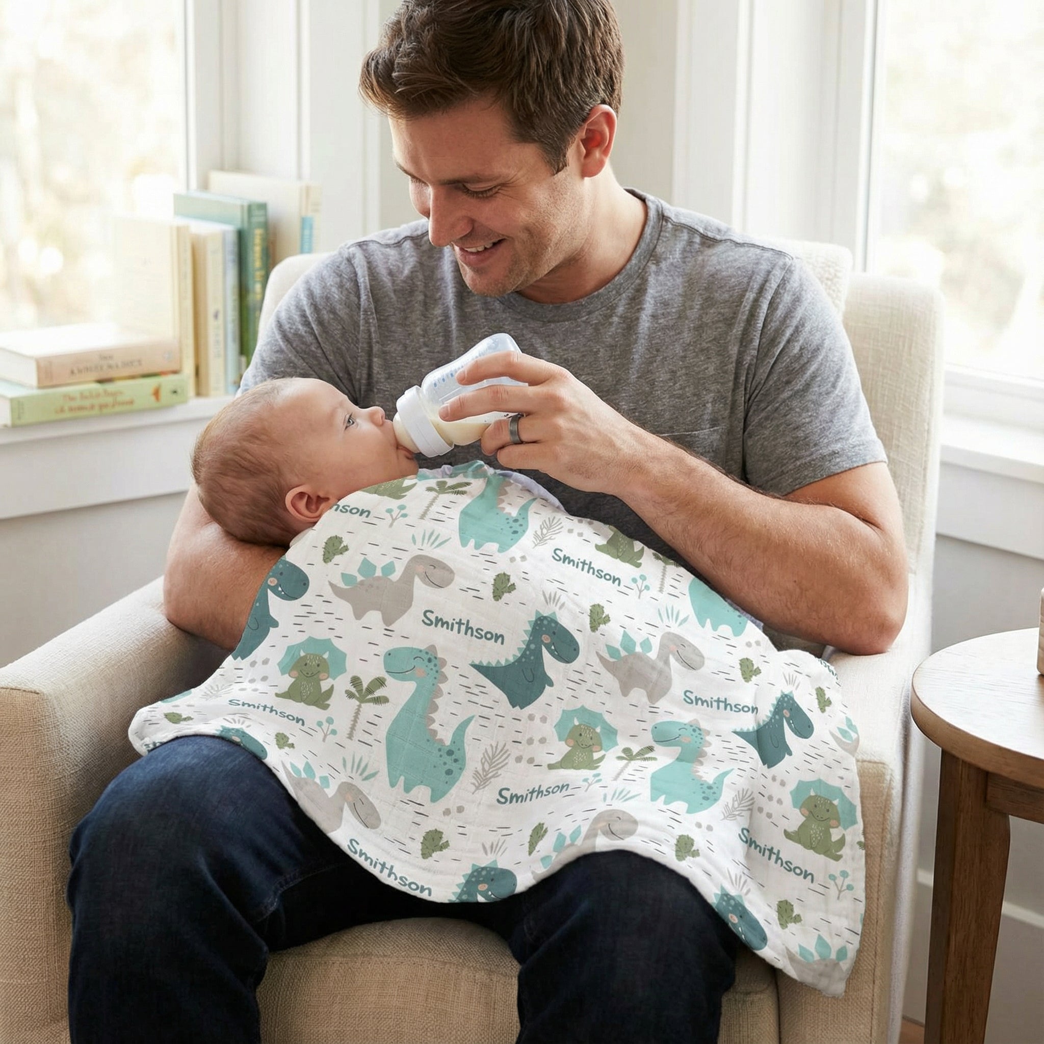 Personalised muslin swaddle wrap with baby name, soft breathable fabric, 120x120cm size for newborn comfort and versatility