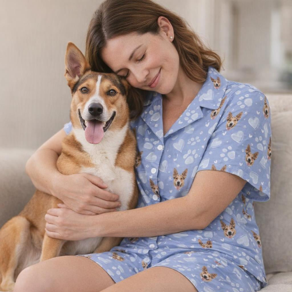 Personalised women’s short sleeve pet pyjamas featuring custom dog photo print and matching shorts