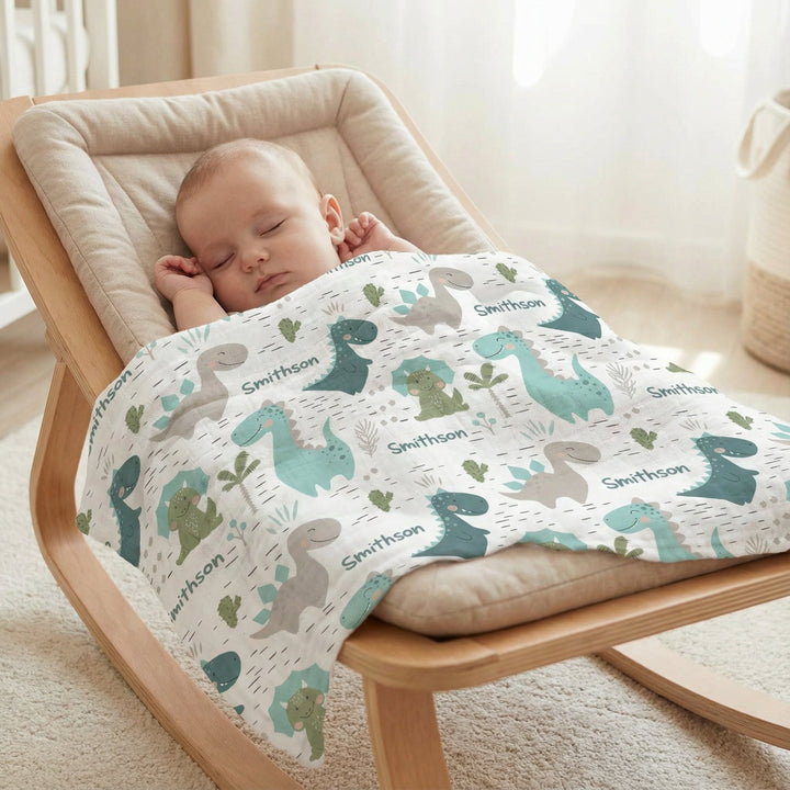 Soft personalised muslin swaddle wrap with baby’s name, lightweight and breathable for newborns, 120x120cm size