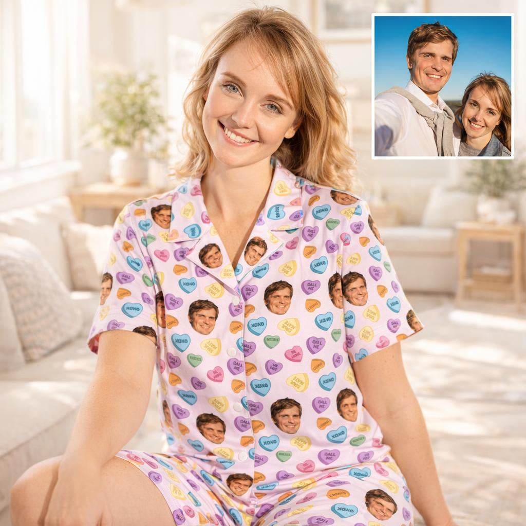 Custom face and name Candy Hearts Valentine’s pyjama set personalised photo print