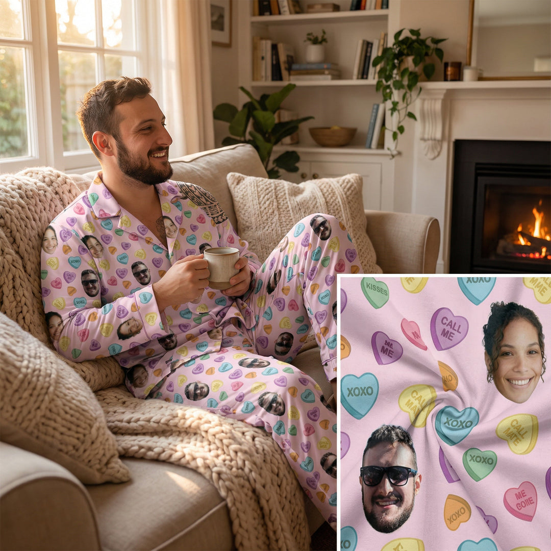 Custom Face Photo Pyjamas – Personalised Valentine’s Gift (Candy Hearts)