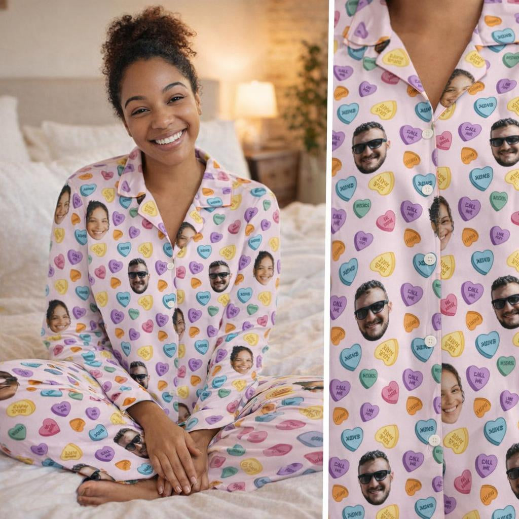 Custom Face Photo Pyjamas – Personalised Valentine’s Gift (Candy Hearts)