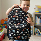 Personalised kids backpack, lunch bag, and pencil case combo with custom name and vibrant design