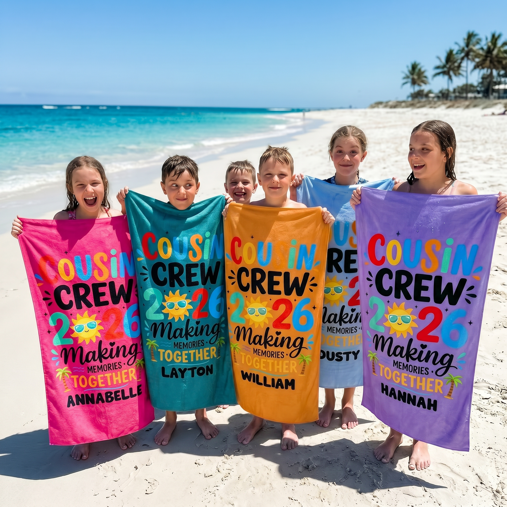Cousin Crew 2026/27 custom beach towel with names printed on - The Custom Co