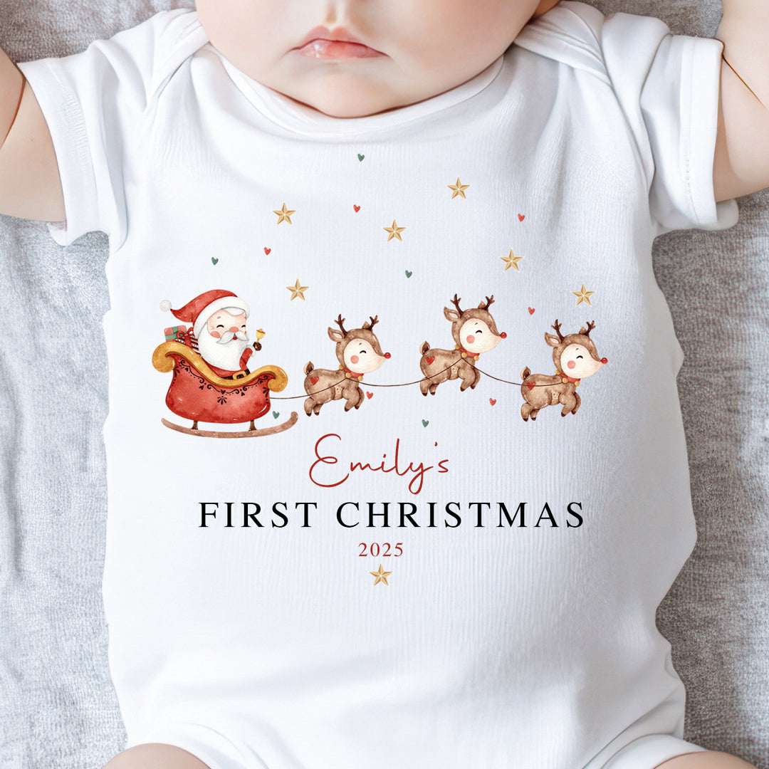 Personalised baby onesie with custom name and soft cotton fabric christmas reindeer