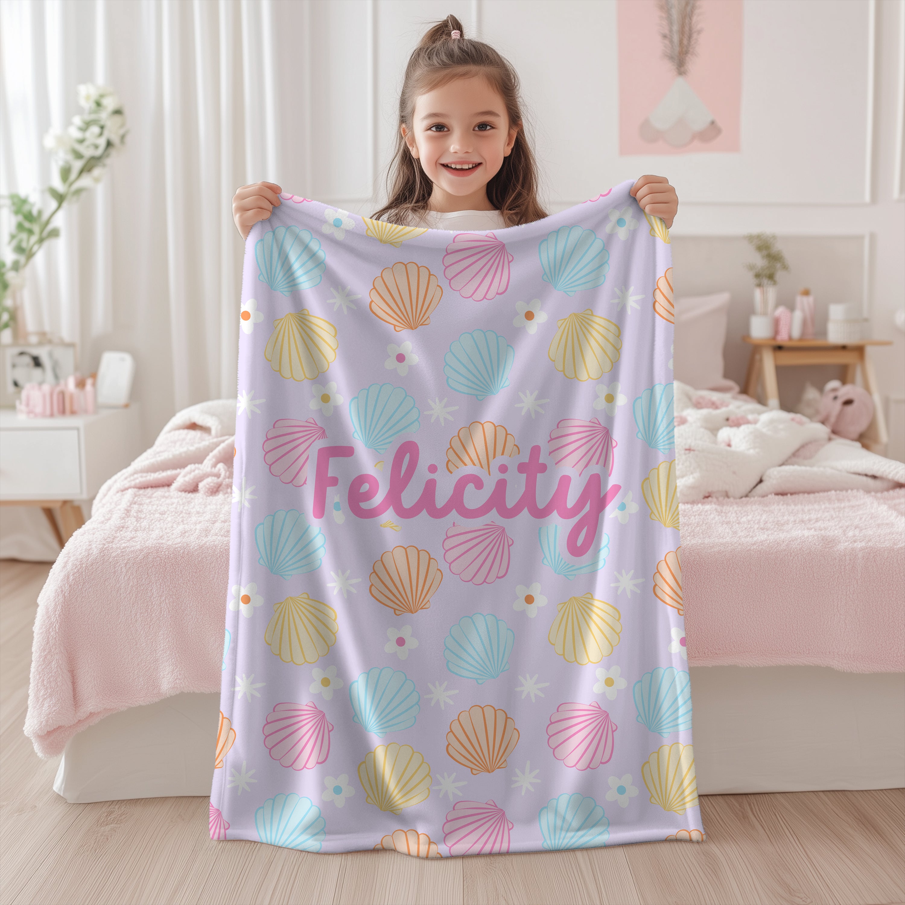 personalised seashell blanket - colourful design for girls