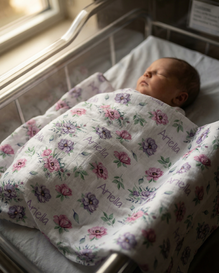 Personalised muslin swaddle wrap with baby name, soft breathable fabric, 120x120cm, ideal for newborns and gifts