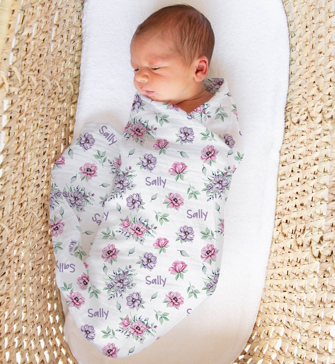 Personalised muslin swaddle wrap with baby name, soft breathable fabric, 120x120cm size for newborns and babies
