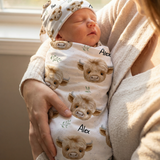 Personalised baby swaddle and beanie set made from soft stretch poly fabric for comfort and style