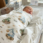 Personalised muslin swaddle wrap with baby name, soft breathable fabric, 120x120cm size for newborns and babies