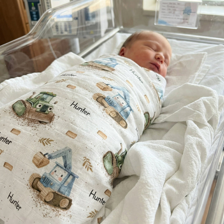 Personalised muslin swaddle wrap with baby name, soft breathable fabric, 120x120cm size for newborns and babies