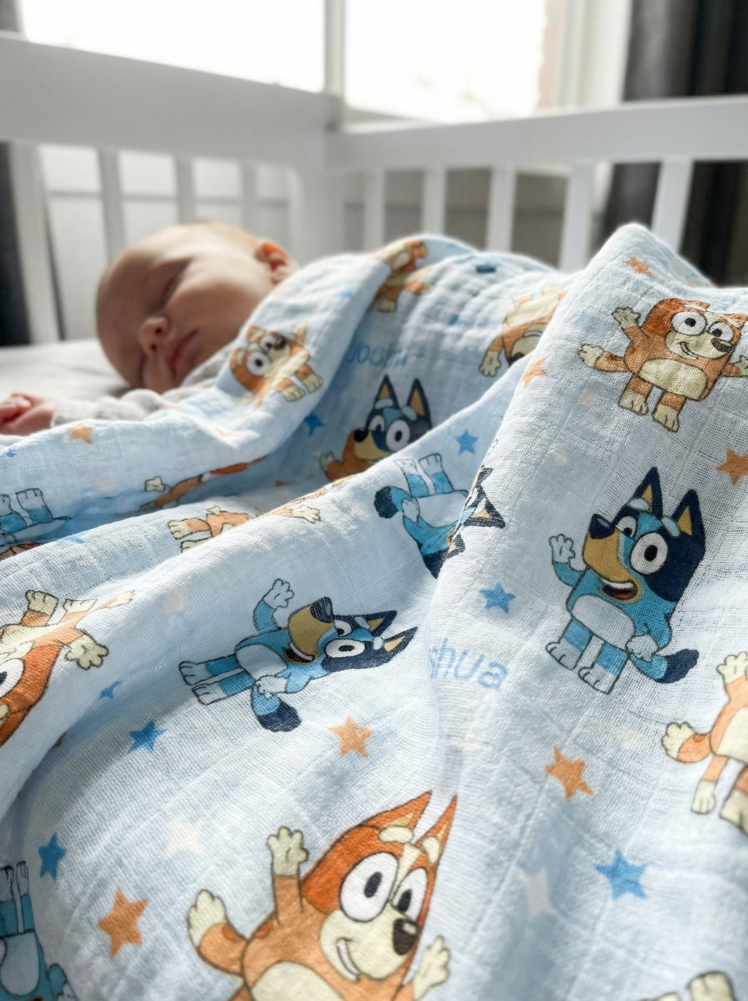 Personalised muslin swaddle wrap with baby name, soft breathable fabric, 120x120cm for newborns and babies