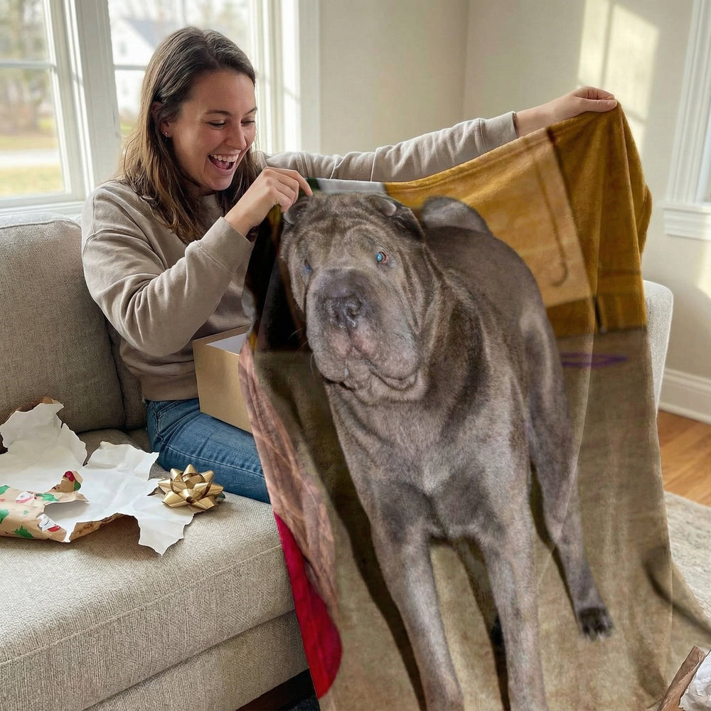 Personalised pet photo blanket featuring custom pet image and vibrant design