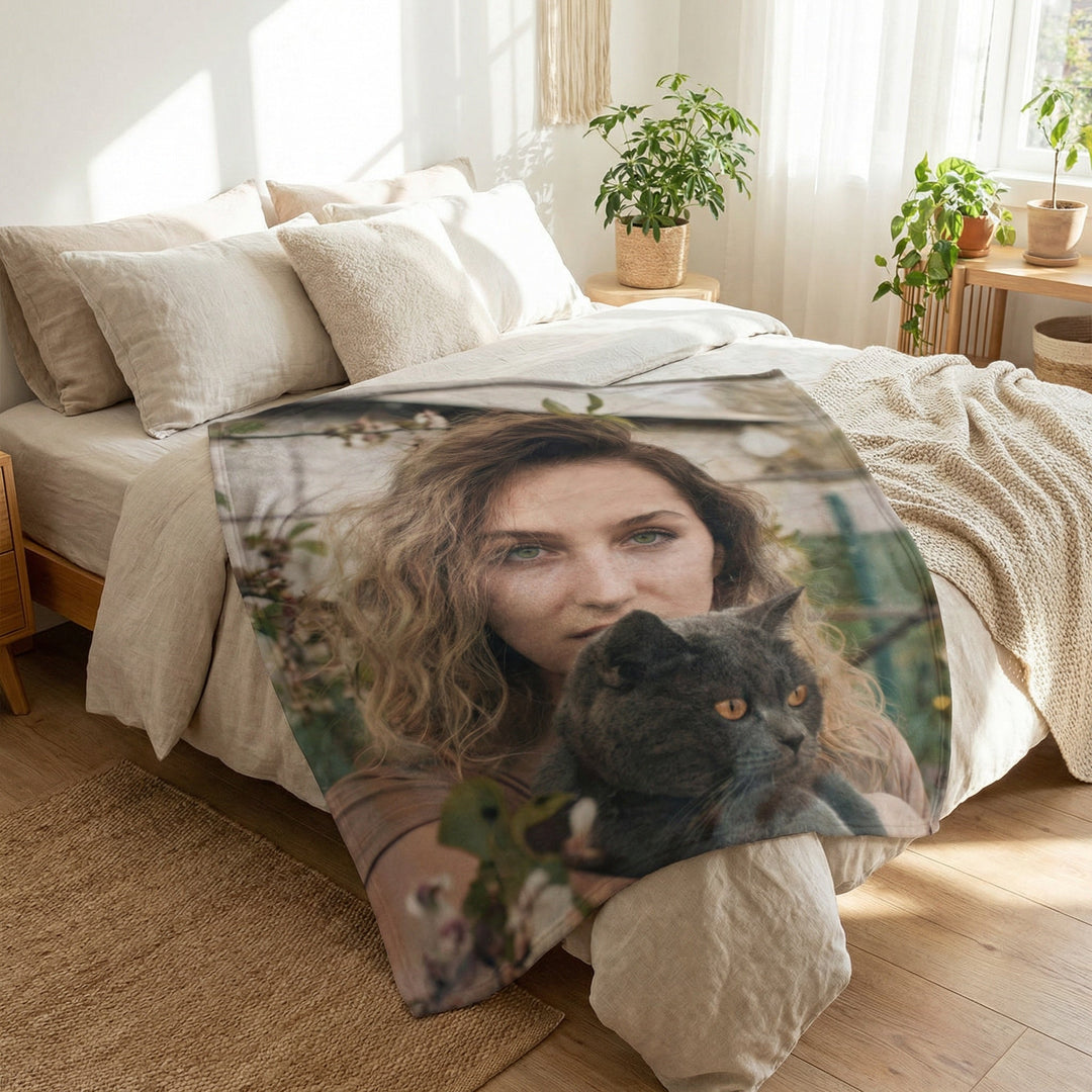 Personalised pet photo blanket featuring custom pet design and vibrant print