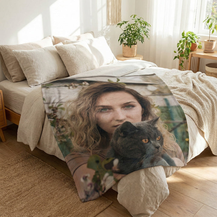 Personalised pet photo blanket featuring custom pet design and vibrant print