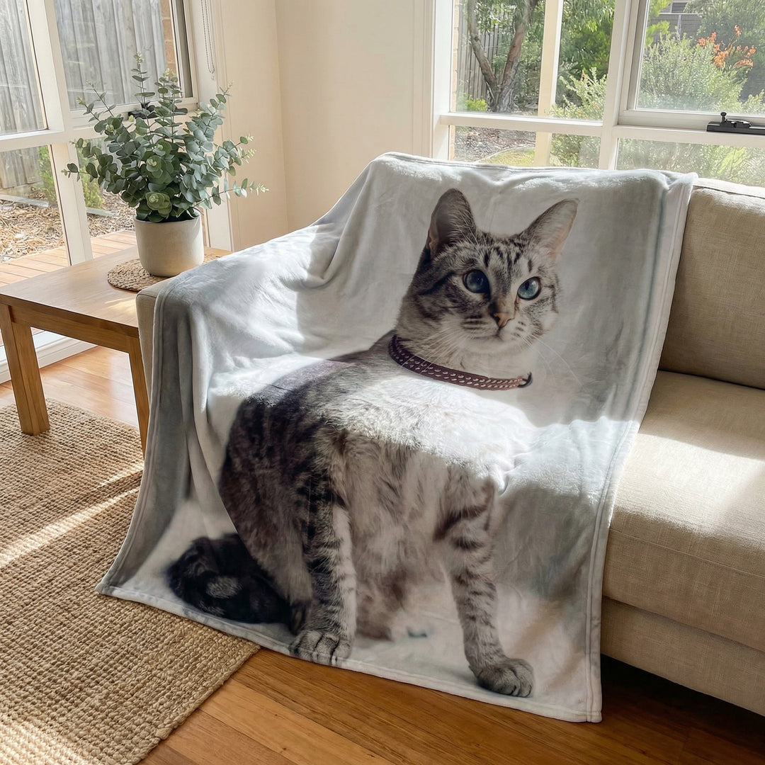 Customised personalised pet photo blanket with vibrant pet image design