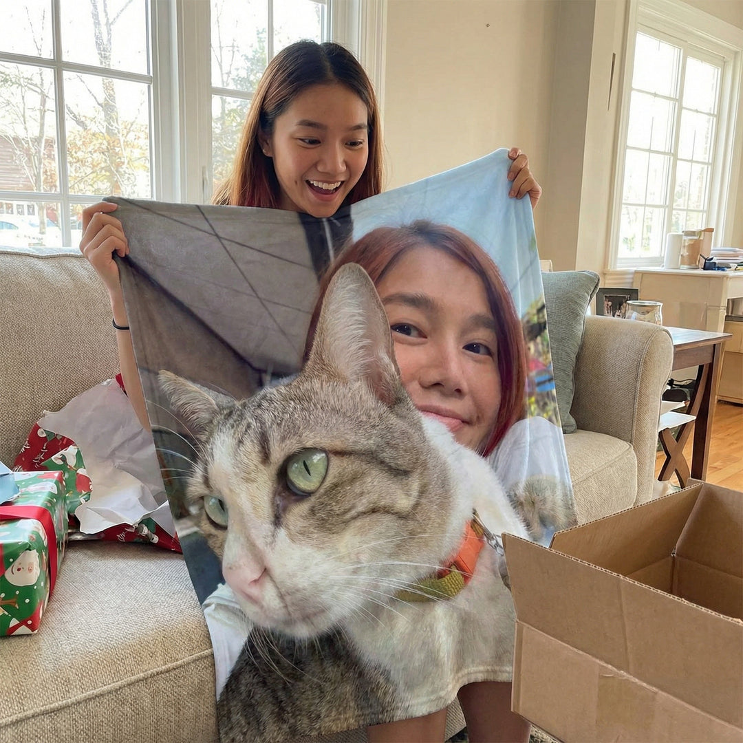 Personalised pet photo blanket featuring custom pet image and vibrant design