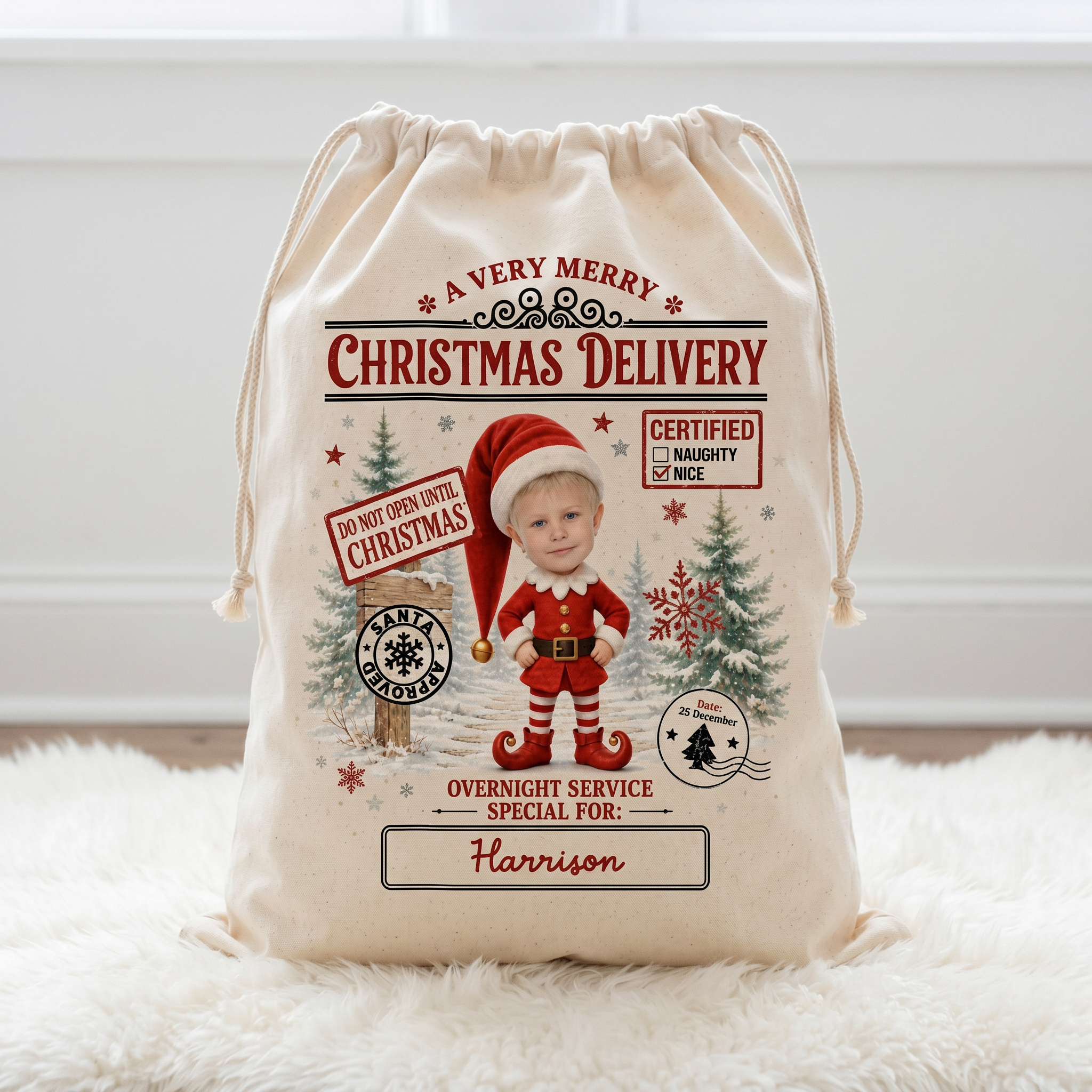Personalised Photo Elf Santa Sack
