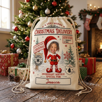 Personalised Photo Elf Santa sack name print detail